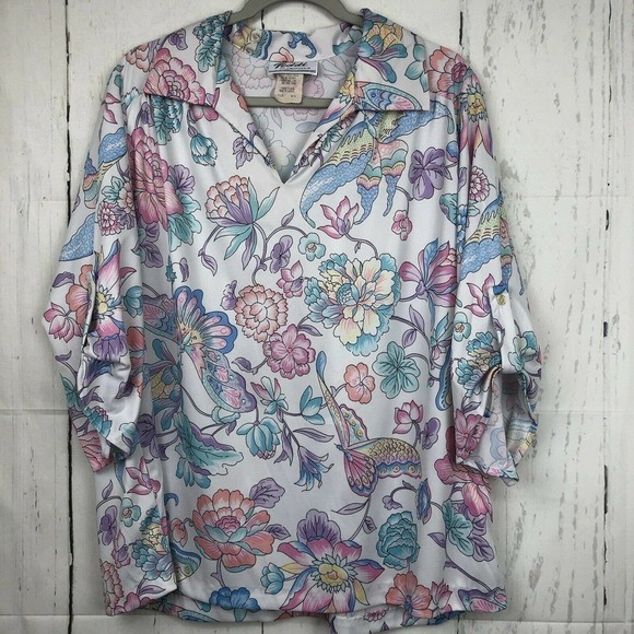 Vintage Teddi Of California Size 2X Butterfly Floral Print Top 3/4 Tab Sleeves - Picture 1 of 4